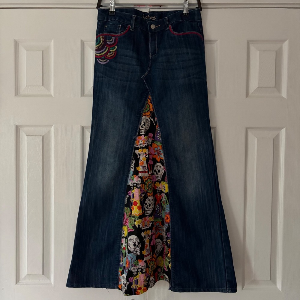 Old Navy Upcycled Denim Maxi Skirt Sugar Skull Patchwork Boho Embroidered 30W